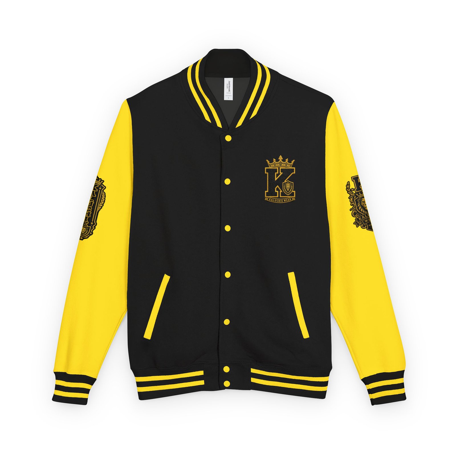 unisex-heavyweight-letterman-jacket-jet-black-sun-yellow-front-6a2b7c20225d1.jpg Heavyweight letterman jacket - Image 1
