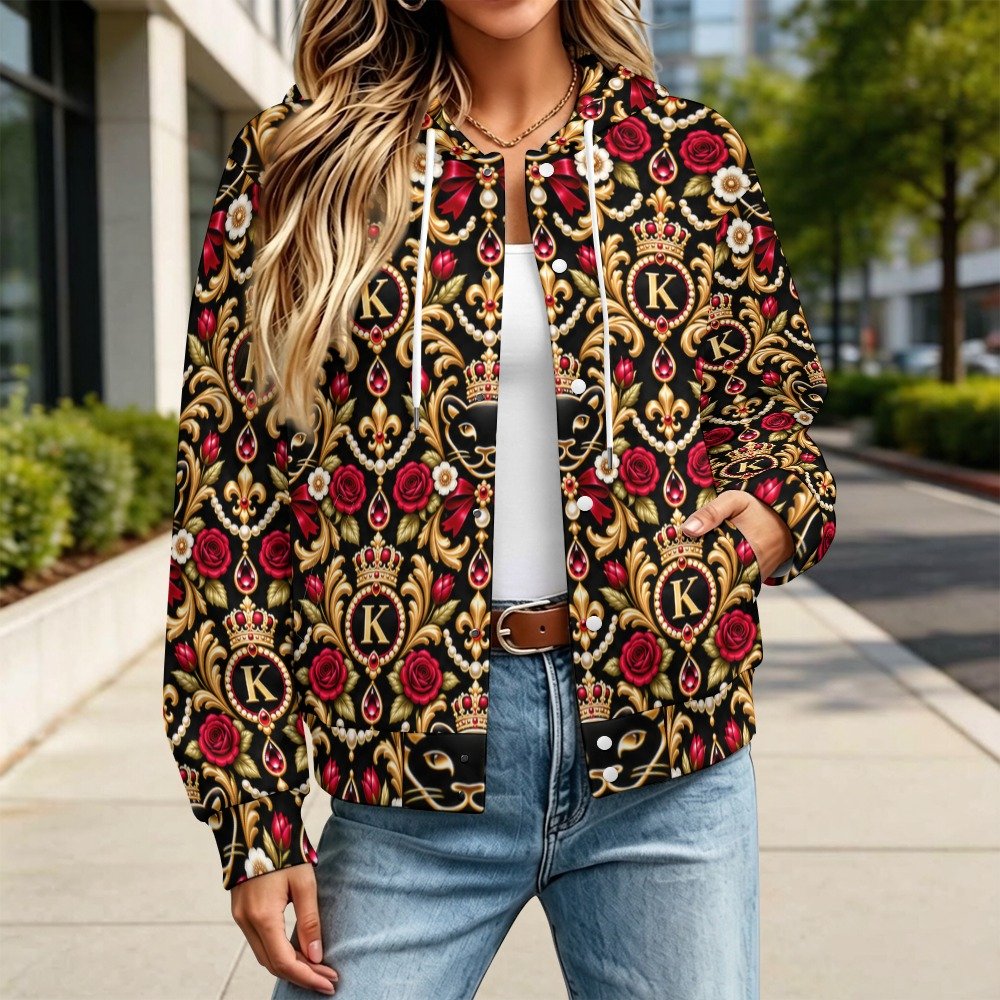 Kaluchie Women’s Royal Baroque Hooded Jacket – Black, Gold & Crimson