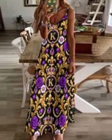 Kaluchie Royal Baroque Ankle-Length Maxi Dress – Black, Gold & Purple